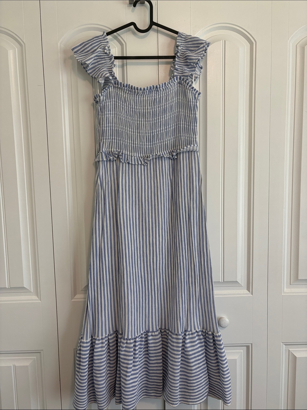 Blu Pepper Blue and White Striped Ruffle Maxi Dress